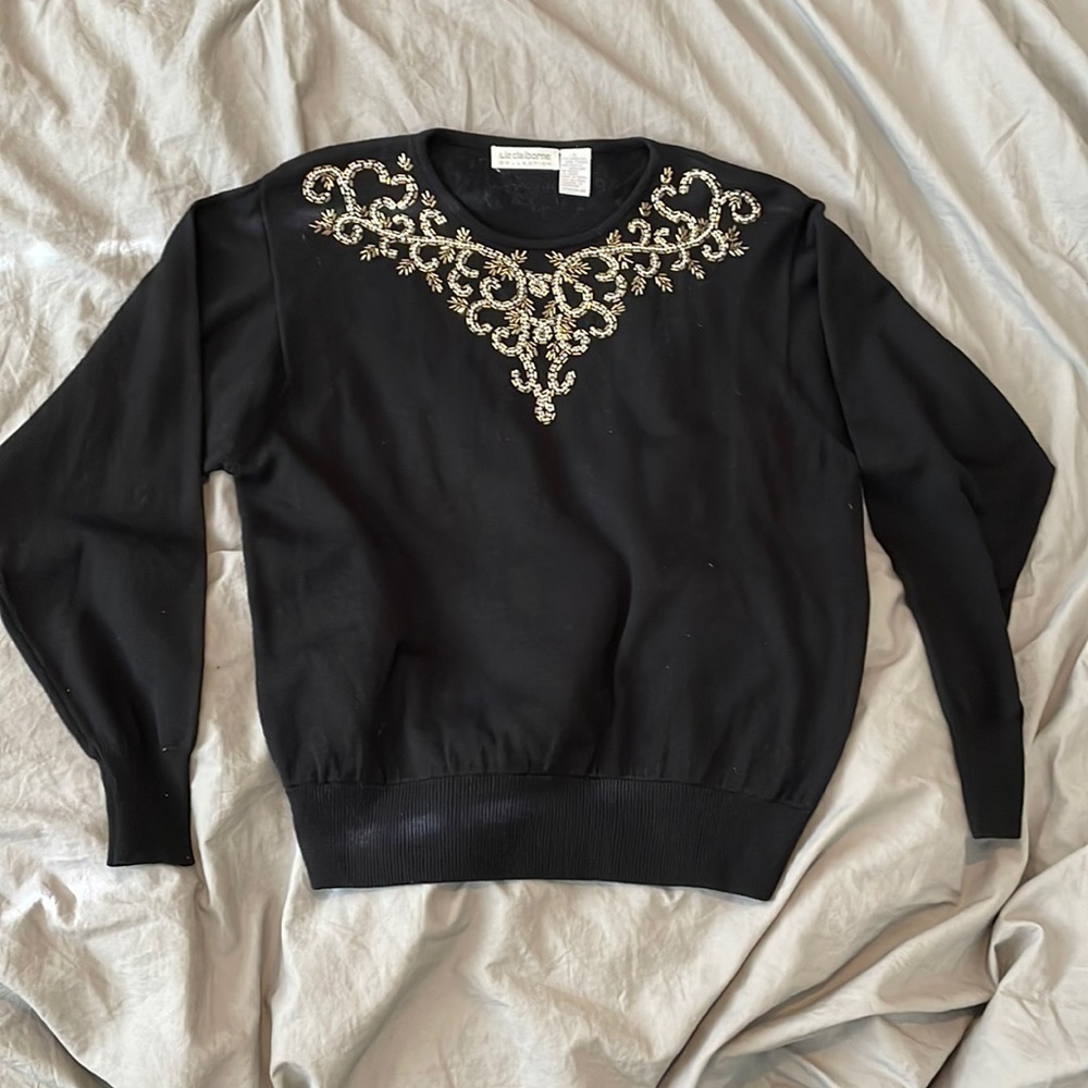 Liz Claiborne Collection Wool Blend Bead Embroidered Black Sweater​​​​​​…